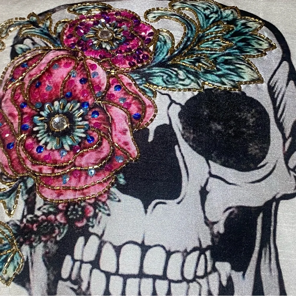Embroidered and Bead Embellished Skull Decorative Pillow with Floral Design